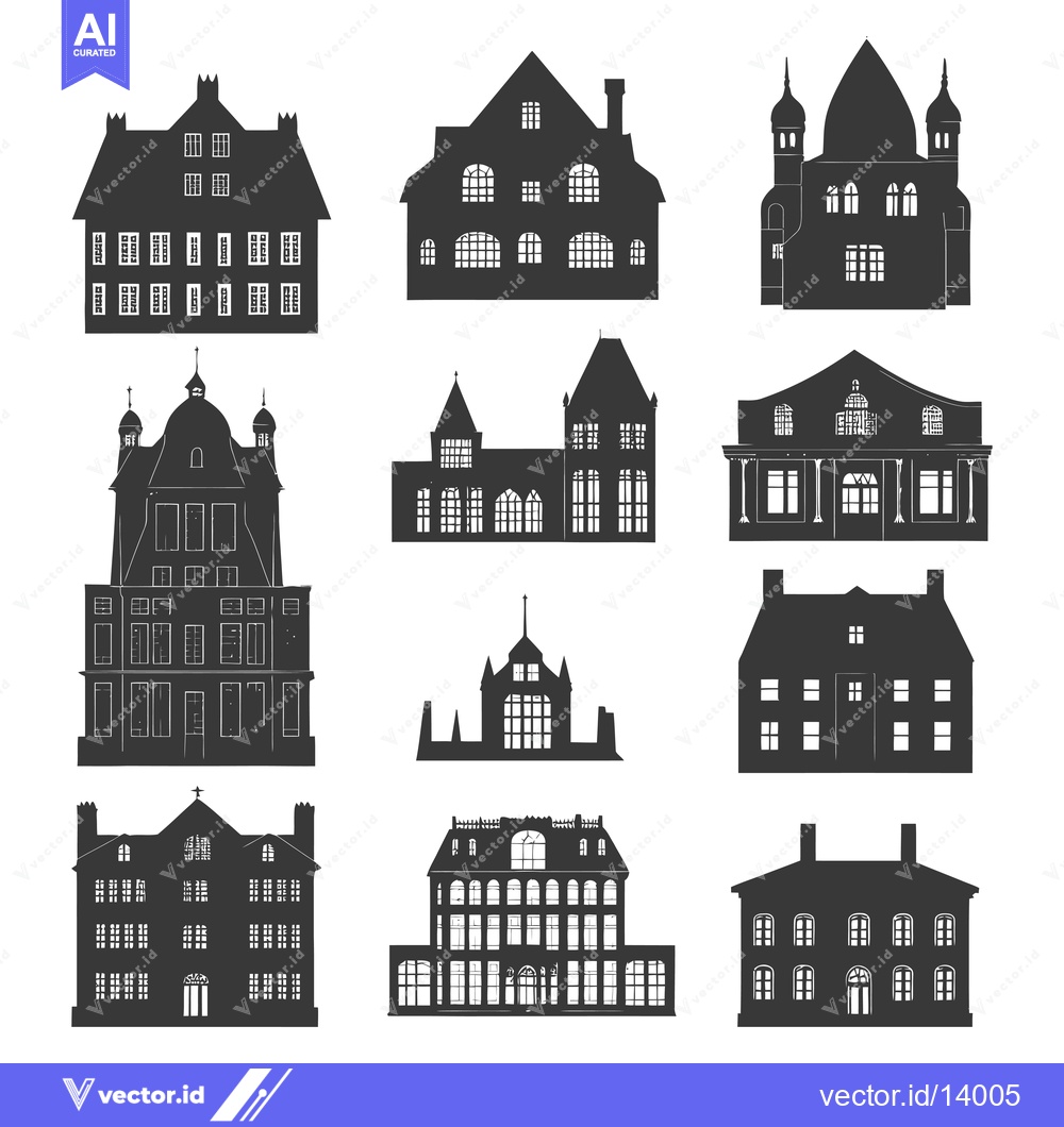 Premium Vector dari A Collection of Ten Black and White Silhouettes of Houses