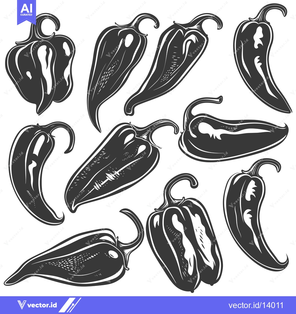 Premium Vector dari A Collection of Ten Hand-Drawn Black and White Chili Peppers