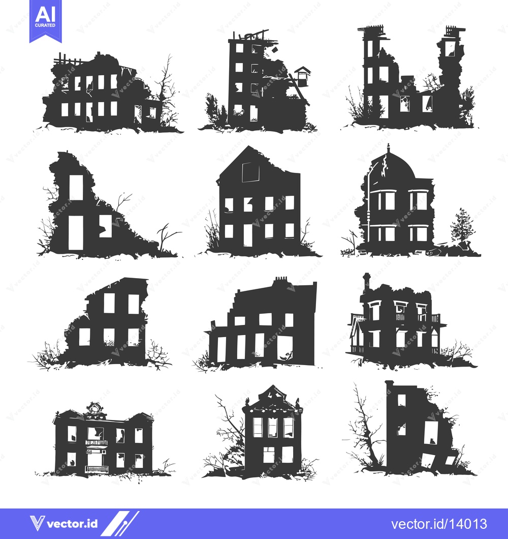 Premium Vector of A Collection of Ten Ruined and Abandoned Buildings Silhouettes
