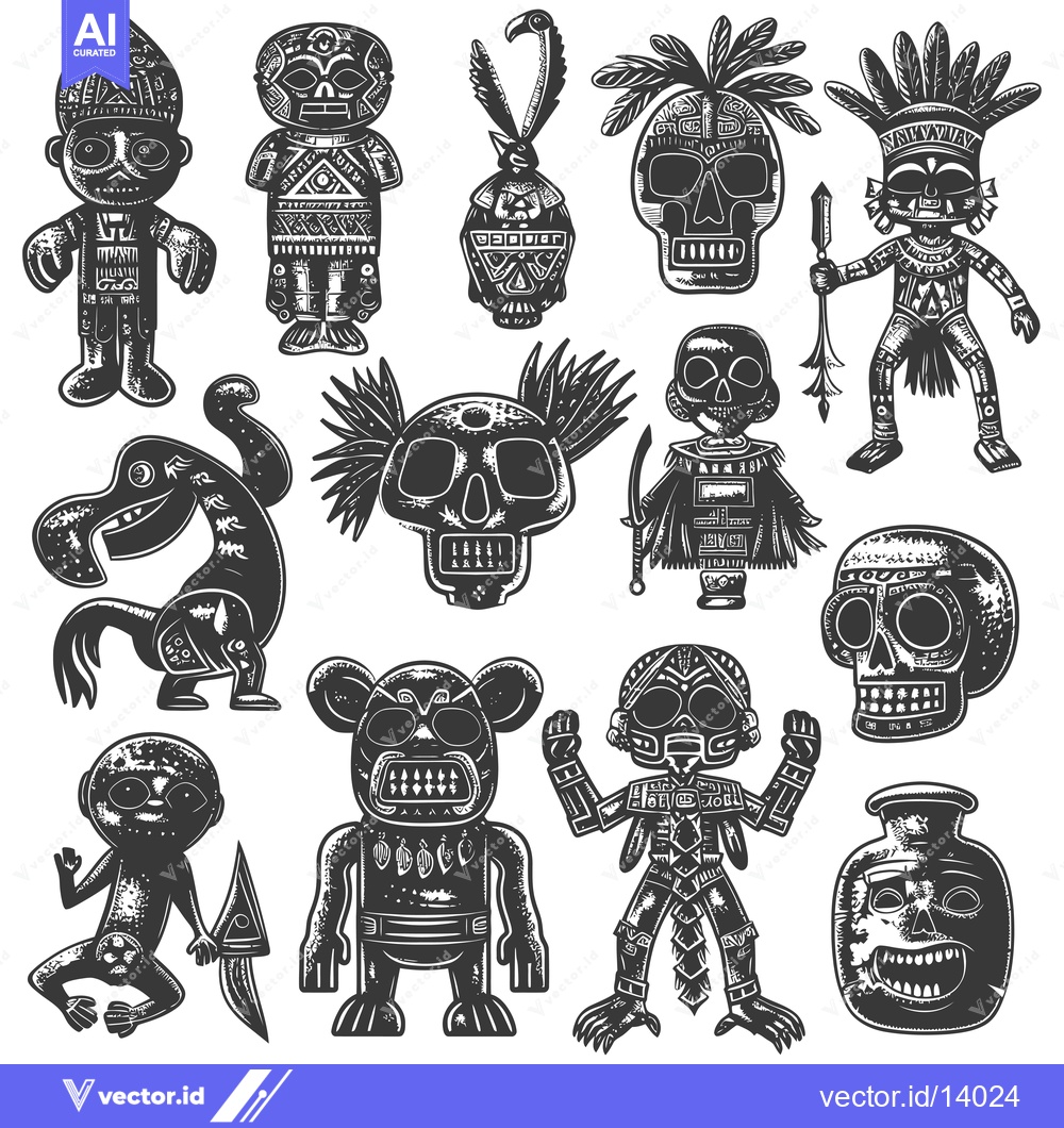 Premium Vector of A Collection of Tribal Skulls and Creatures in Black and White