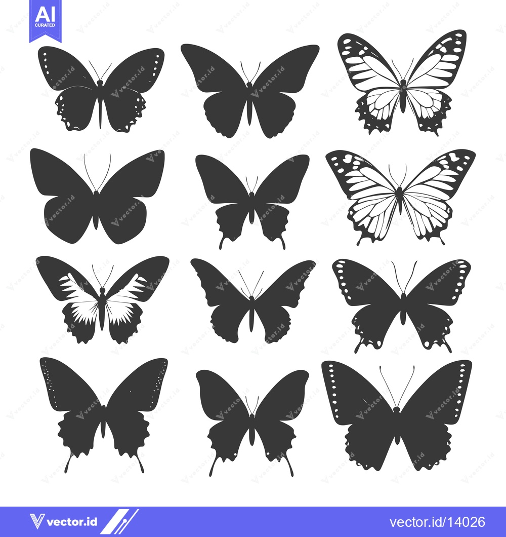 Premium Vector dari A Collection of Twelve Black and White Butterfly Silhouettes