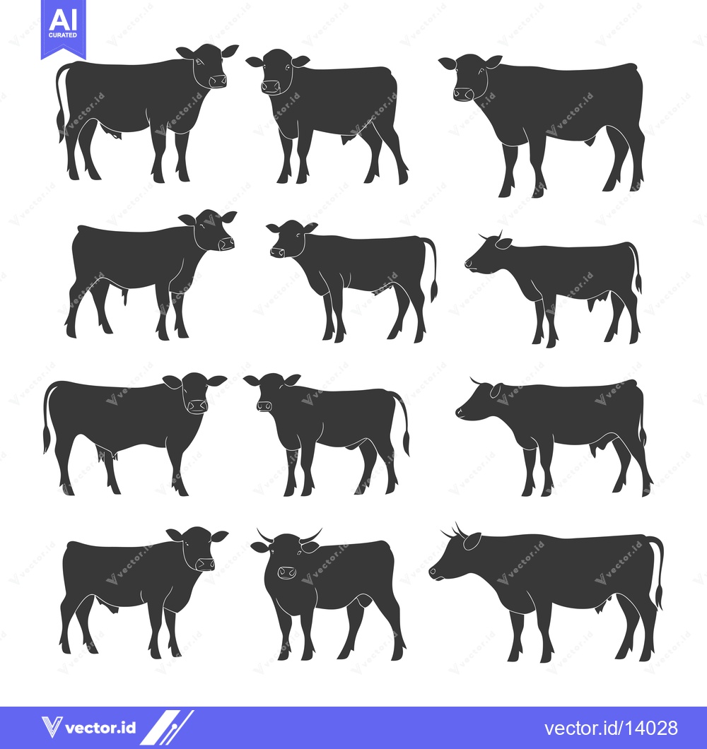 Premium Vector of A Collection of Twelve Black and White Cow Silhouettes