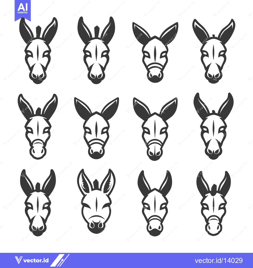 Premium Vector dari A Collection of Twelve Black and White Donkey Heads