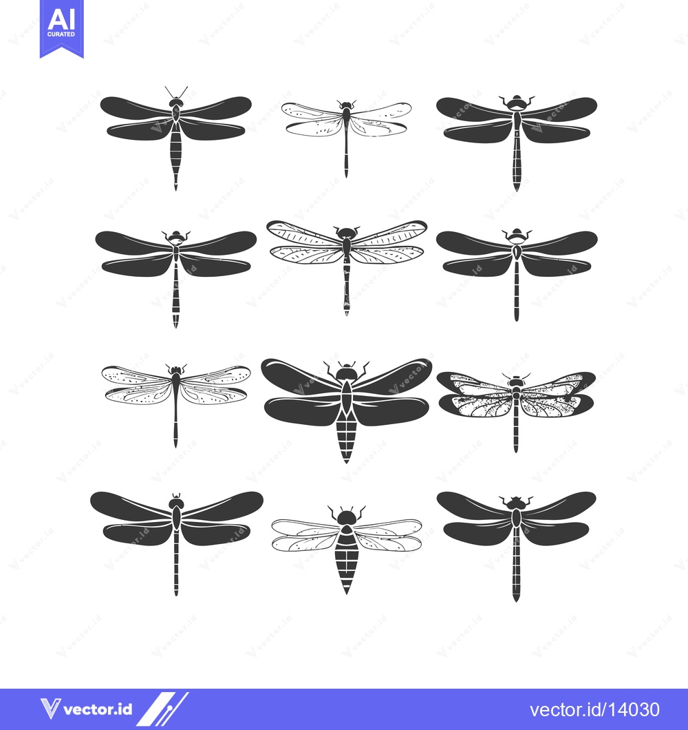 Premium Vector dari A Collection of Twelve Black and White Dragonfly Silhouettes