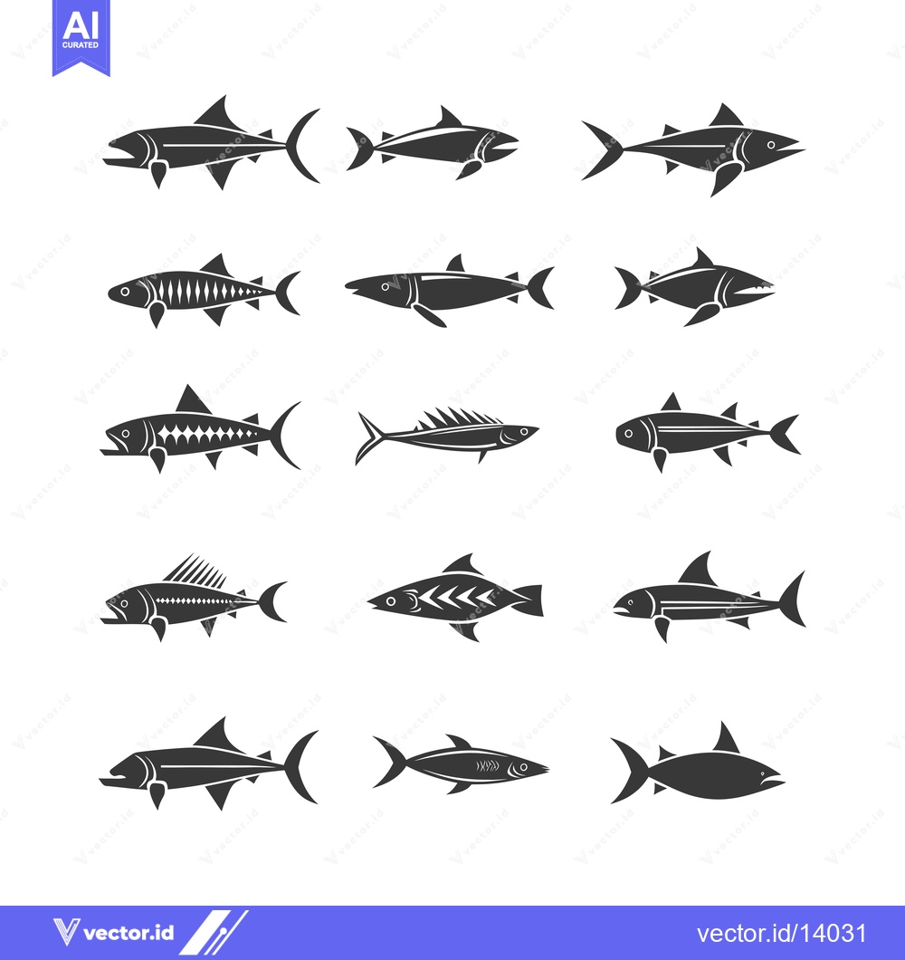 Premium Vector dari A Collection of Twelve Black and White Fish Silhouettes
