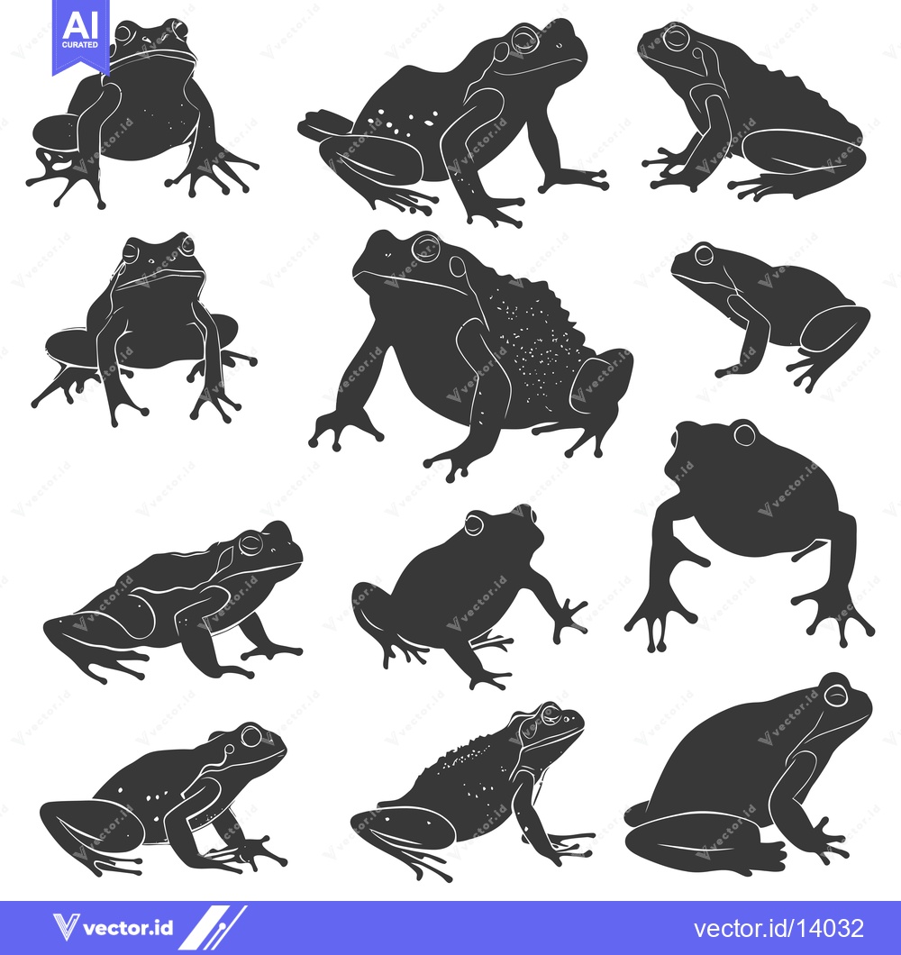 Premium Vector of A Collection of Twelve Black and White Frog Silhouettes