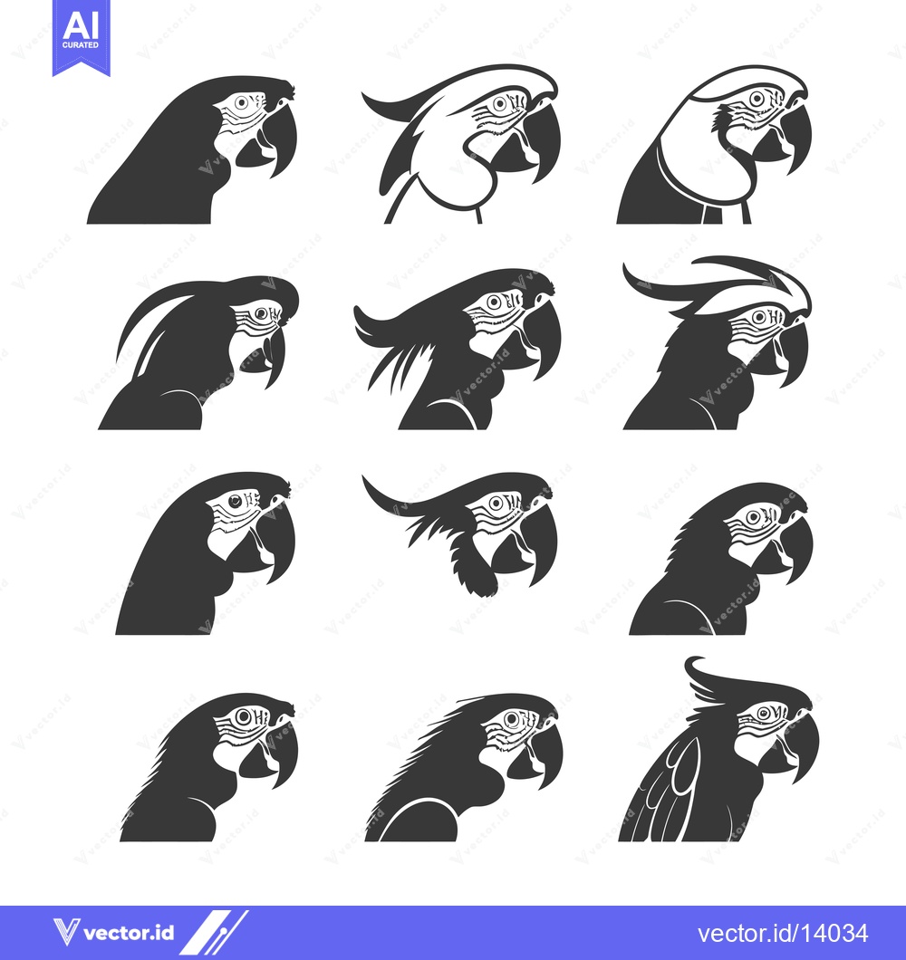 Premium Vector of A Collection of Twelve Black and White Parrot Silhouettes