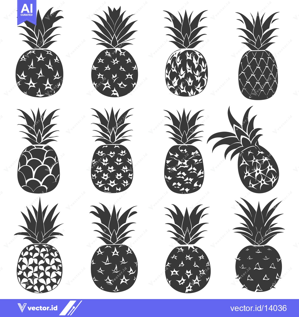 Premium Vector dari A Collection of Twelve Black and White Pineapple Silhouettes