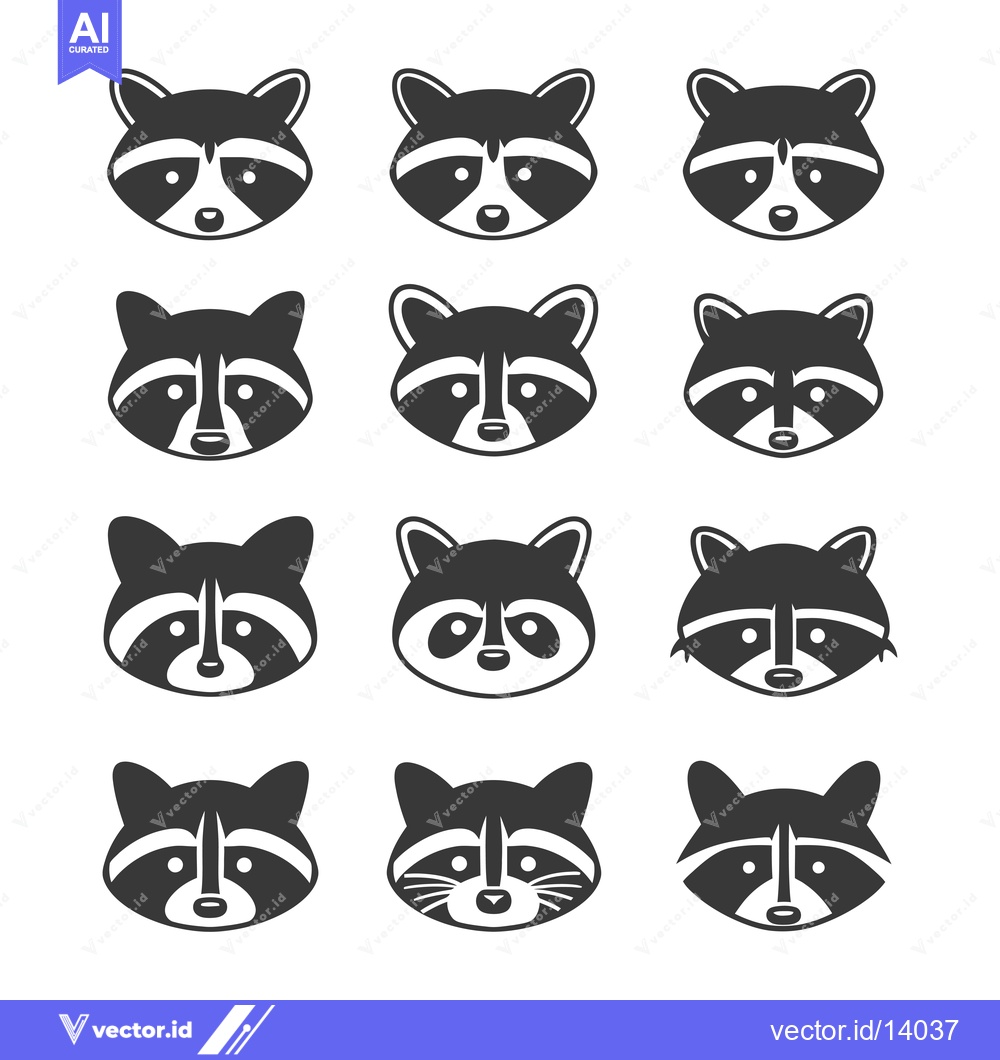 Premium Vector dari A Collection of Twelve Black and White Raccoon Faces