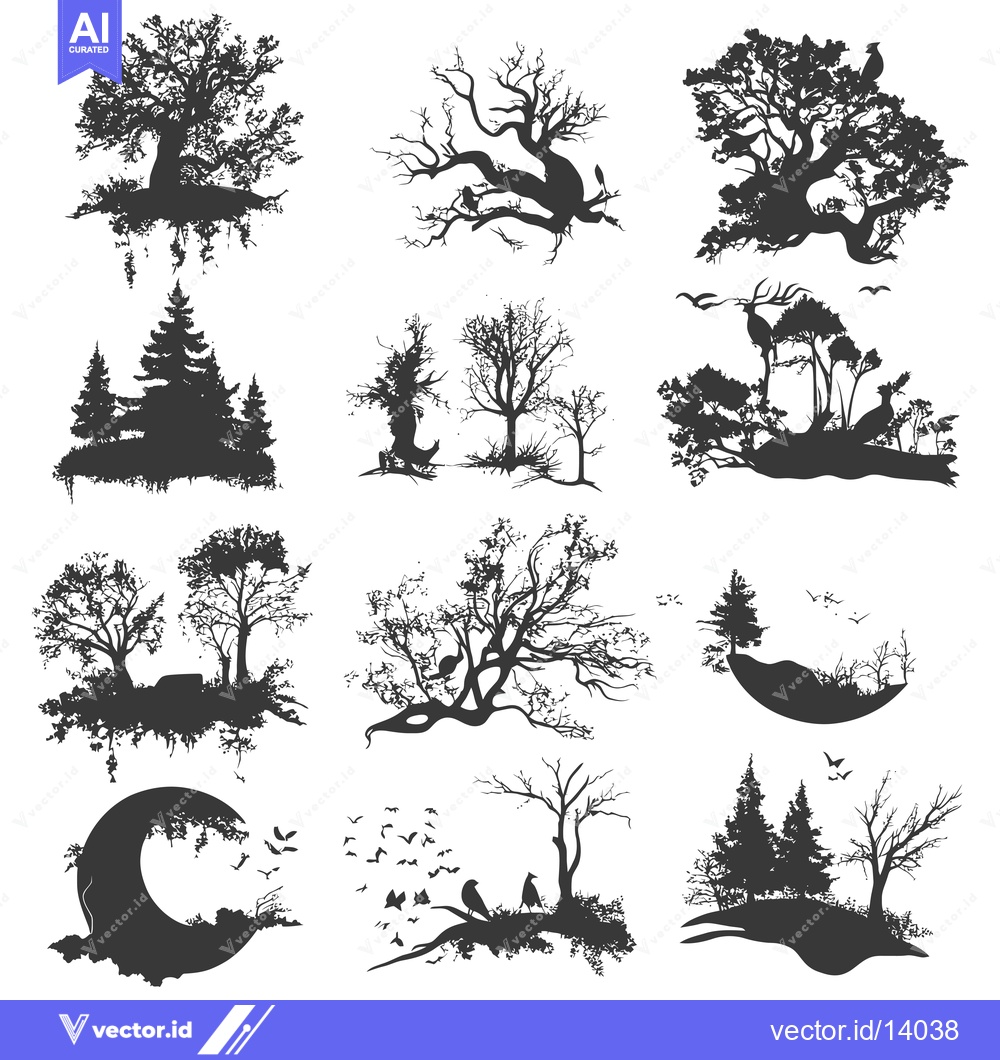 Premium Vector of A Collection of Twelve Black and White Silhouettes Depicting Trees, Bi