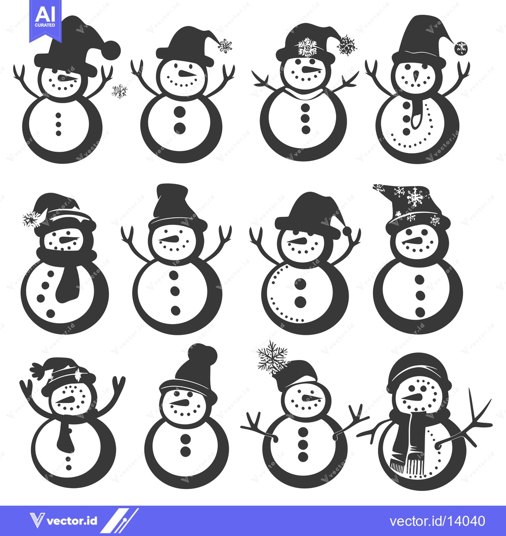 Premium Vector of A Collection of Twelve Black and White Snowman Silhouettes