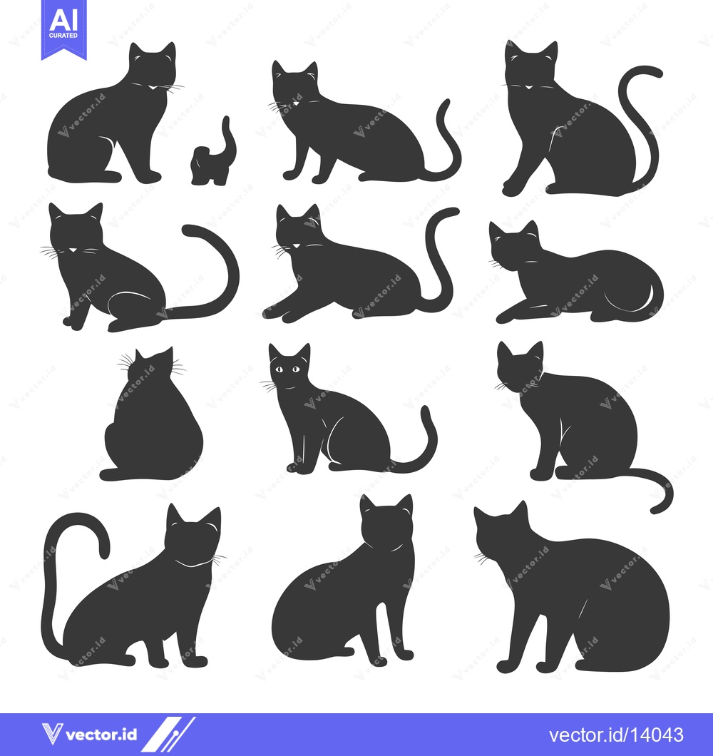 Premium Vector of A Collection of Twelve Black Cat Silhouettes in Various Poses