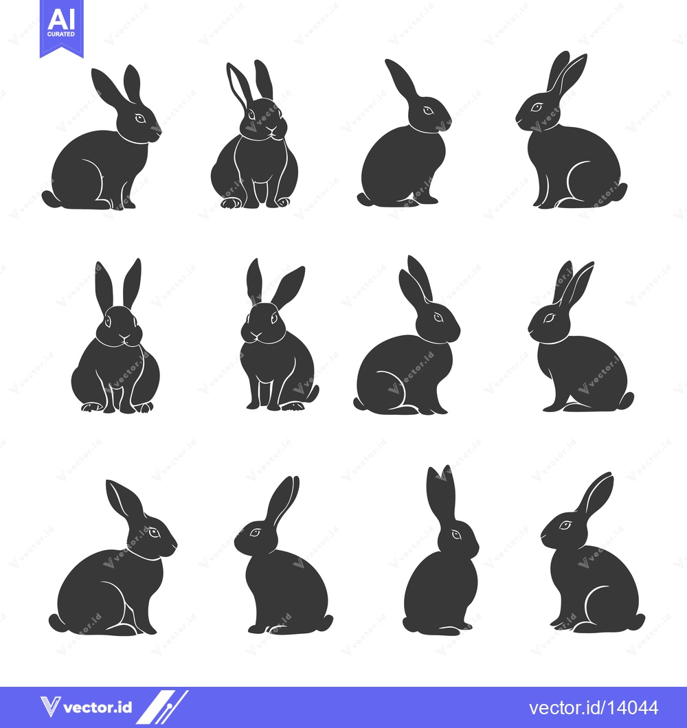 Premium Vector dari A Collection of Twelve Black Rabbit Silhouettes in Various Poses