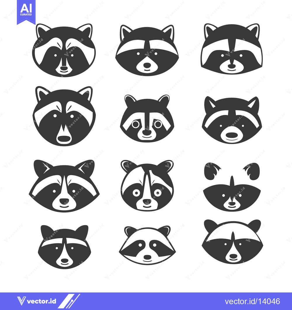 Premium Vector dari A Collection of Twelve Cartoon Raccoon Faces in Black and White