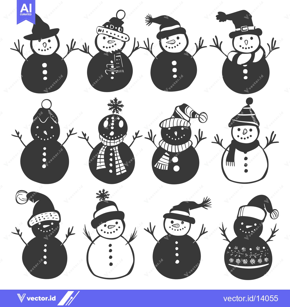 Premium Vector dari A Collection of Twelve Hand-Drawn Black and White Snowmen