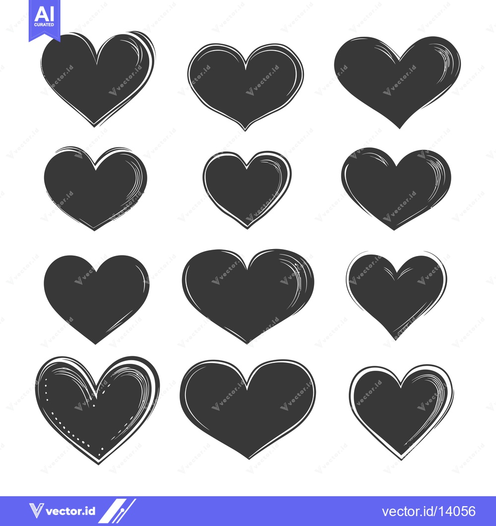 Premium Vector dari A Collection of Twelve Hand-Drawn Black Hearts on a White Background