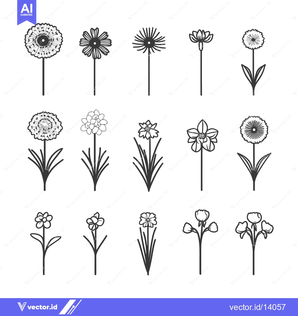 Premium Vector of A Collection of Twelve Hand-Drawn Flower Illustrations in Black and Wh
