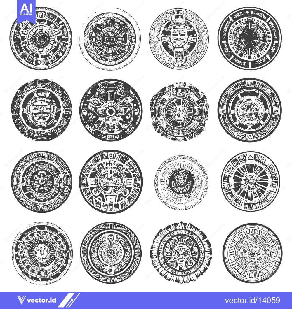 Premium Vector of A Collection of Twelve Intricately Designed Mayan Calendrical Discs