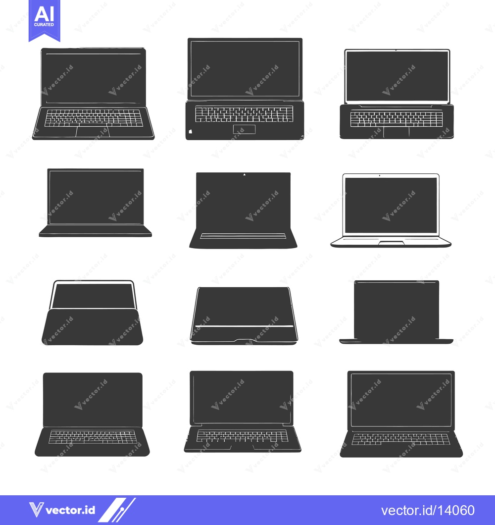 Premium Vector of A Collection of Twelve Laptop Silhouettes in Various Configurations