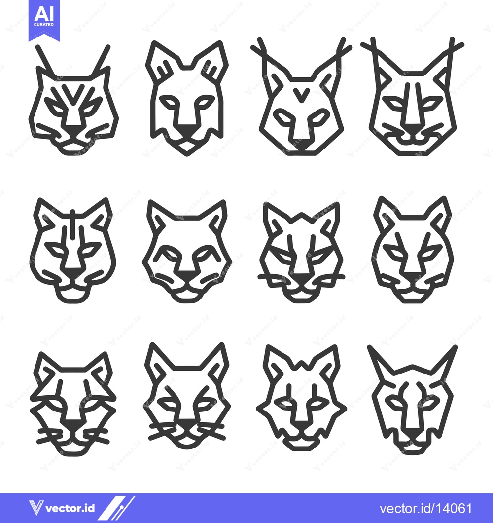 Premium Vector of A Collection of Twelve Line Art Lynx Heads