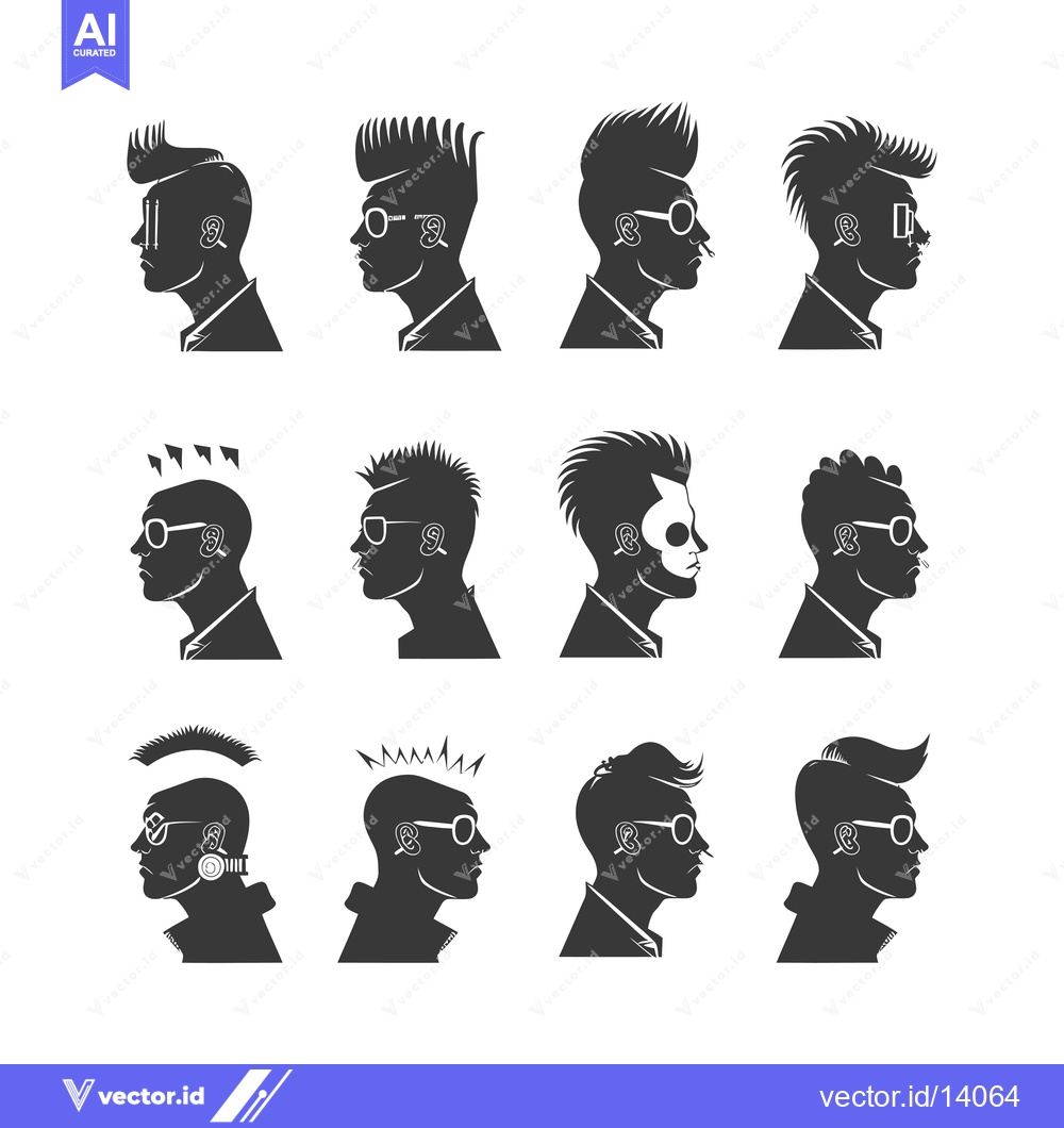 Premium Vector of A Collection of Twelve Male Silhouettes with Distinct Hairstyles and S