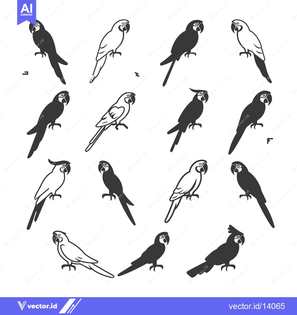 Premium Vector dari A Collection of Twelve Parrot Silhouettes in Black and White