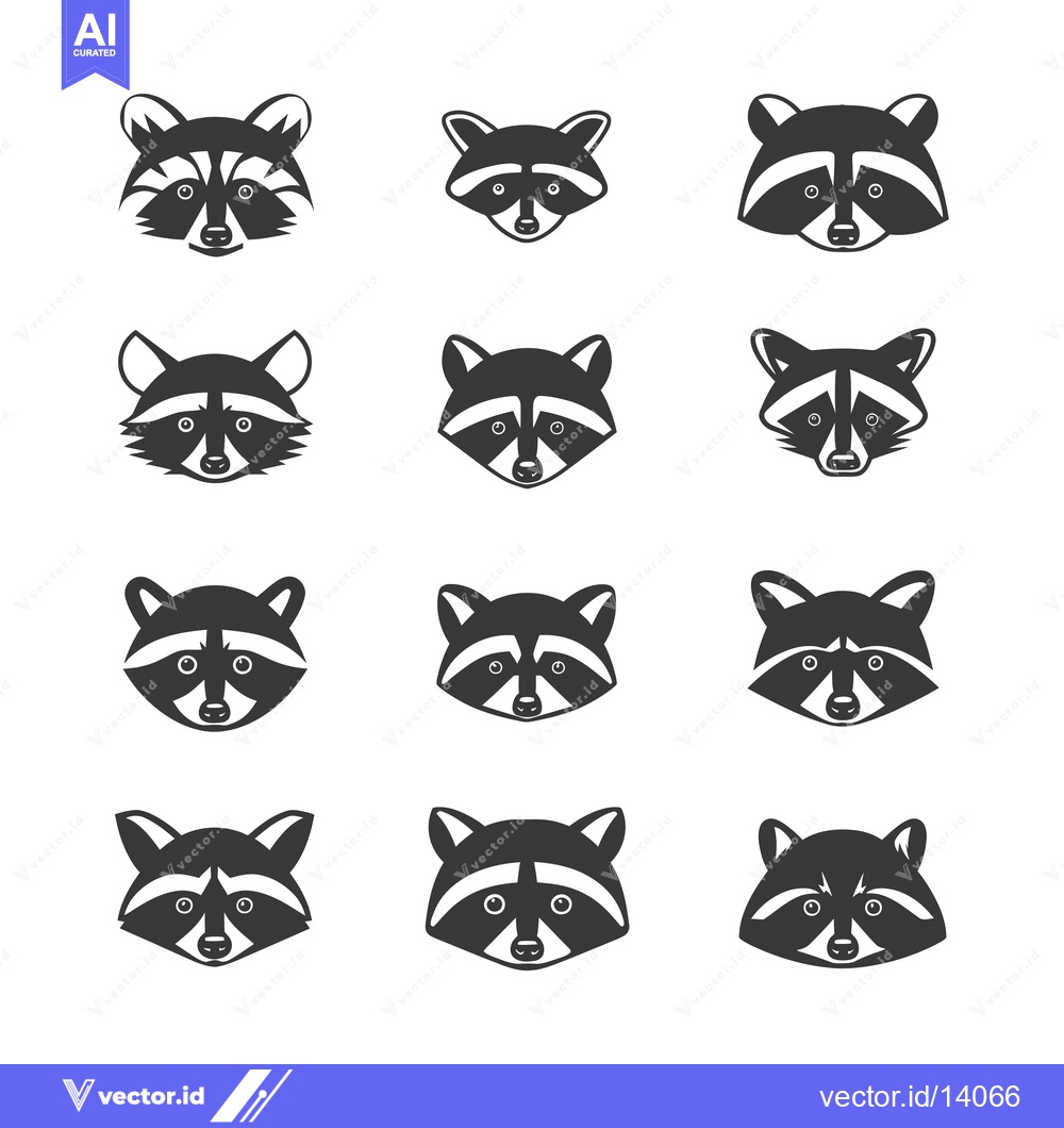Premium Vector of A Collection of Twelve Raccoon Faces in a Simple Black and White Desig