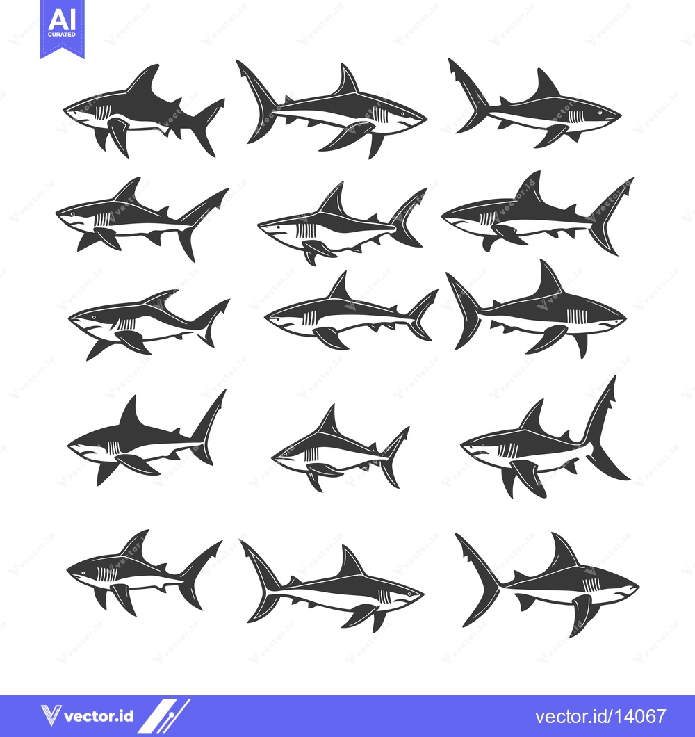 Premium Vector dari A Collection of Twelve Shark Silhouettes in Black and White