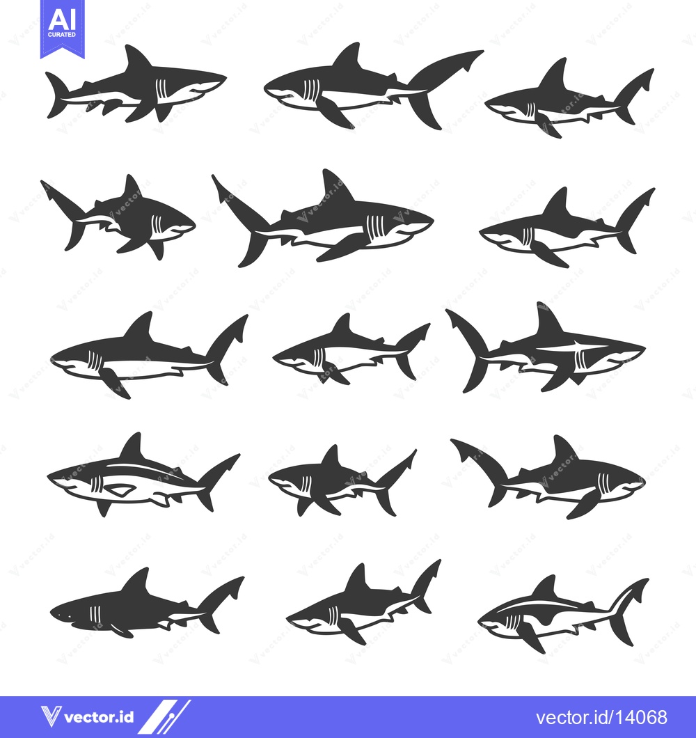 Premium Vector dari A Collection of Twelve Shark Silhouettes in Various Poses
