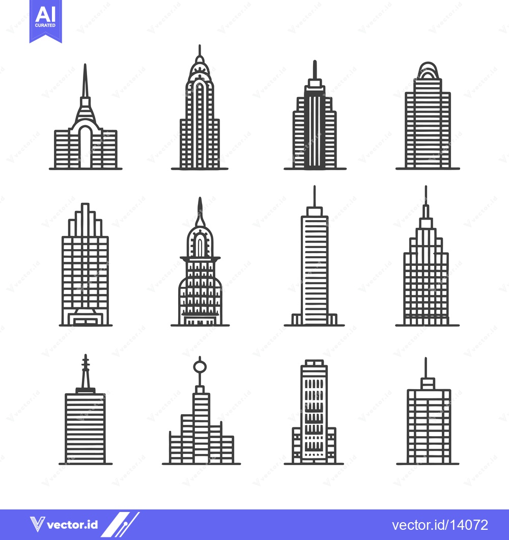 Premium Vector dari A Collection of Twelve Simple Line Art Drawings of Skyscrapers