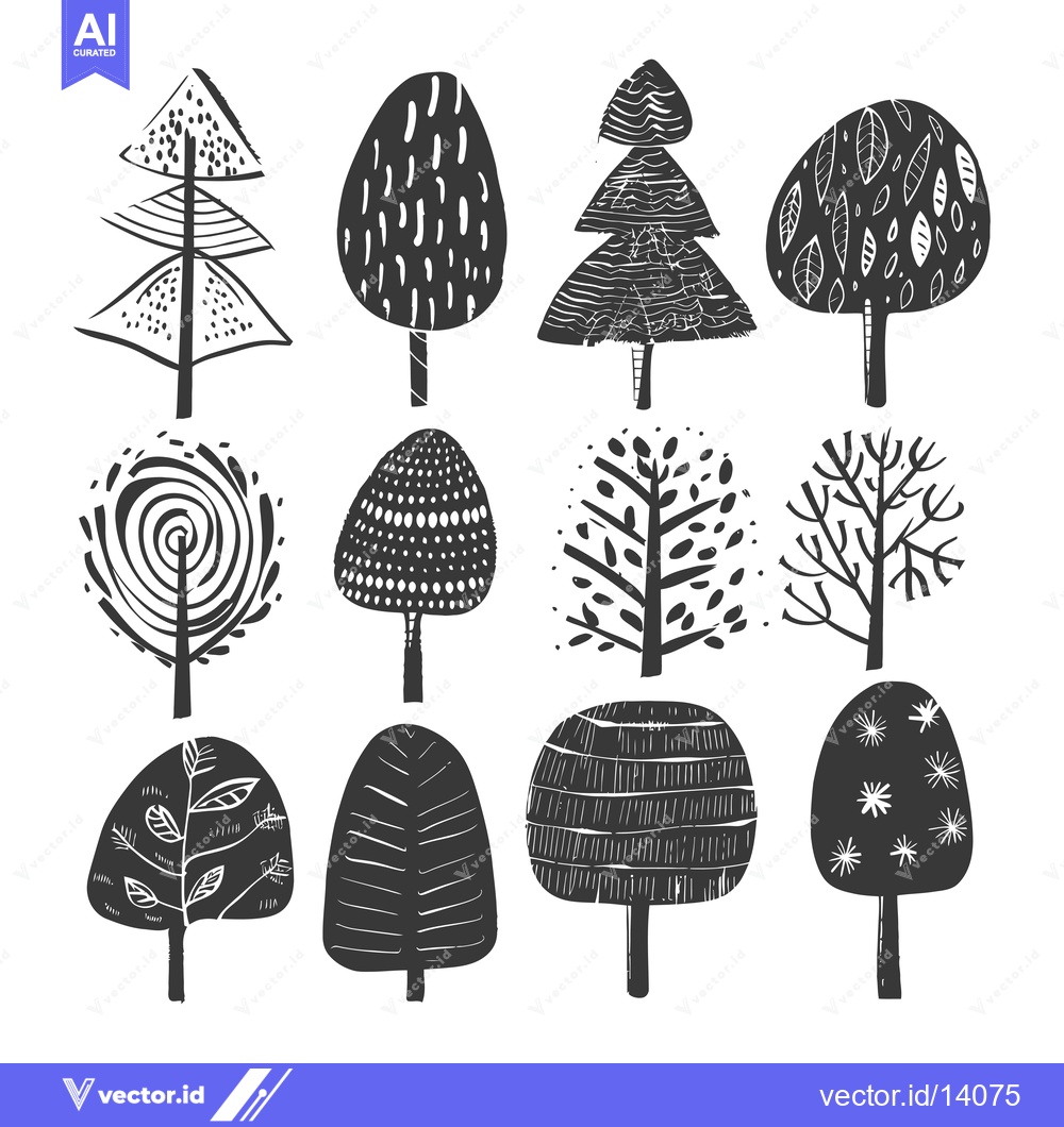 Premium Vector dari A Collection of Twelve Stylized Black and White Trees