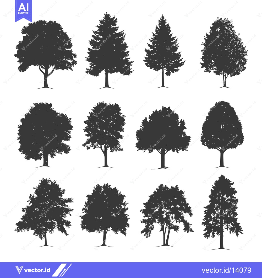 Premium Vector of A Collection of Twelve Tree Silhouettes with Varying Shapes and Sizes