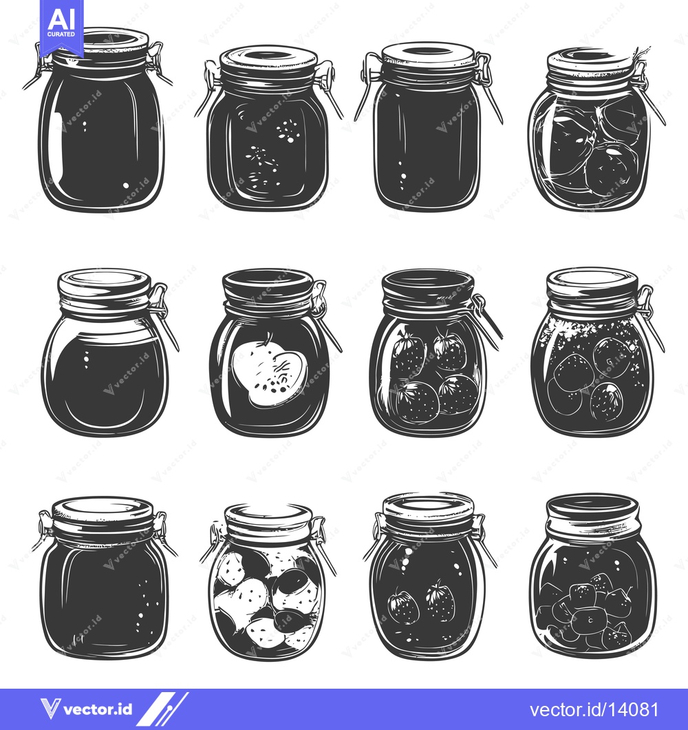 Premium Vector of A Collection of Twelve Vintage Glass Jars with Preserved Fruits and Ve