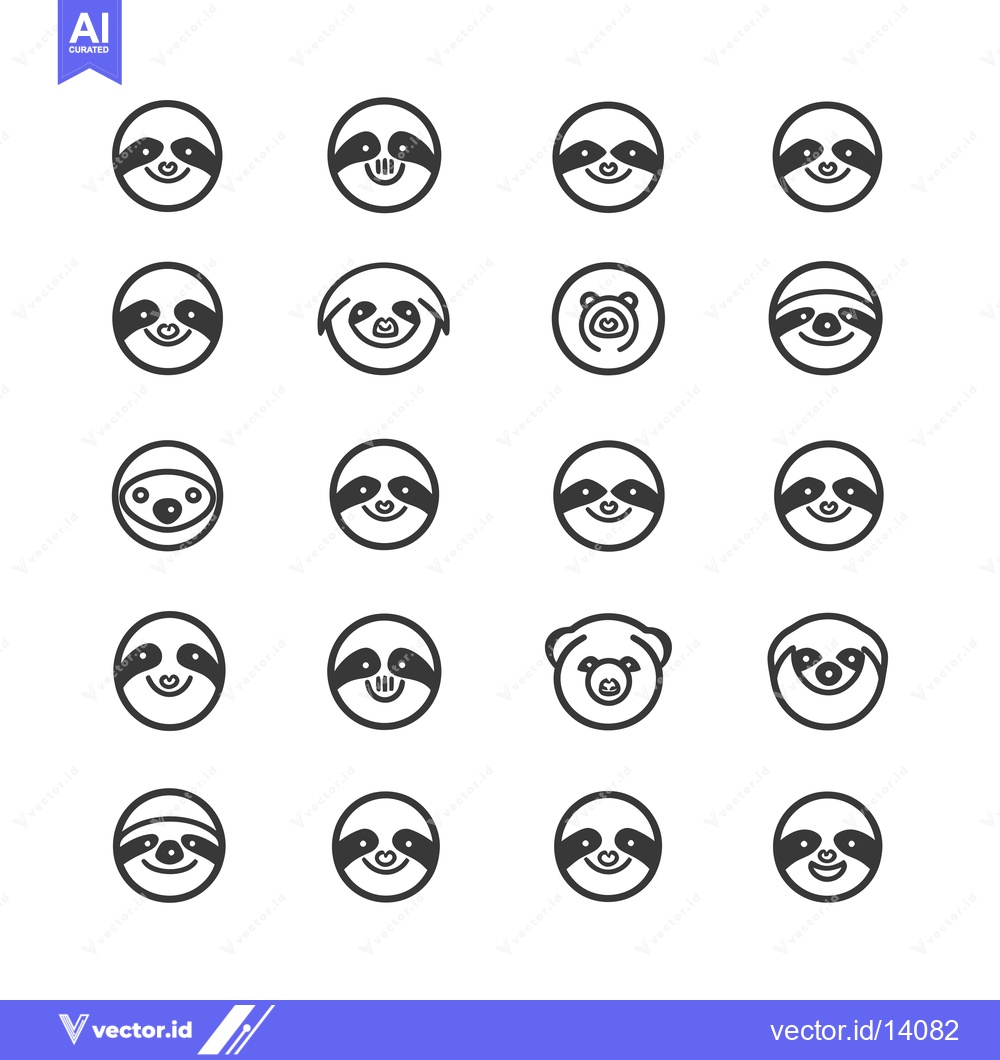 Premium Vector of A Collection of Twenty Adorable Sloth Faces in Circular Frames