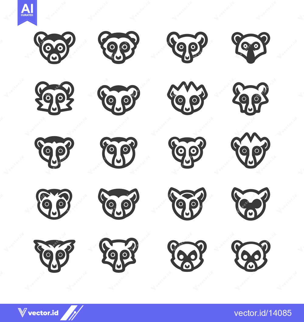 Premium Vector dari A Collection of Twenty Black and White Lemur Head Icons
