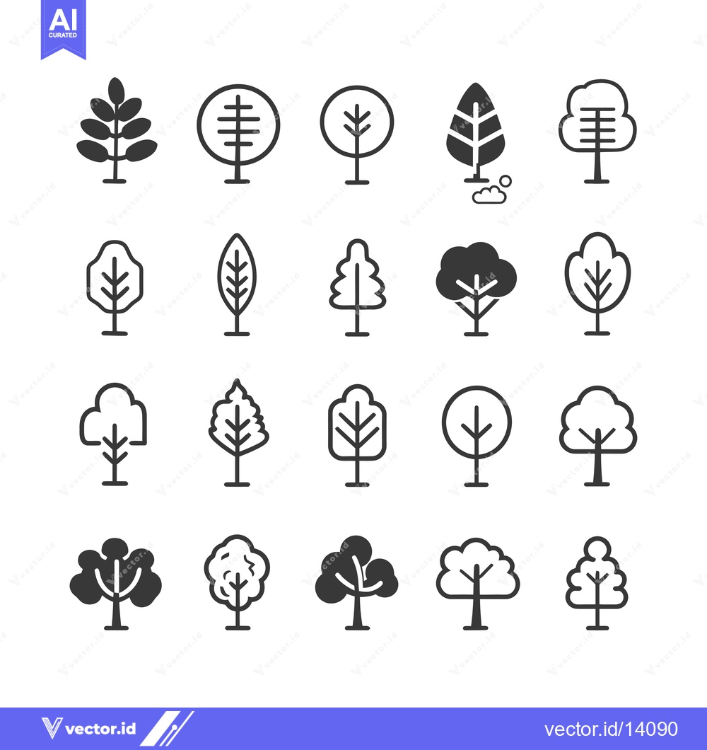 Premium Vector of A Collection of Twenty Diverse Tree Icons in a Simple, Line-Art Style