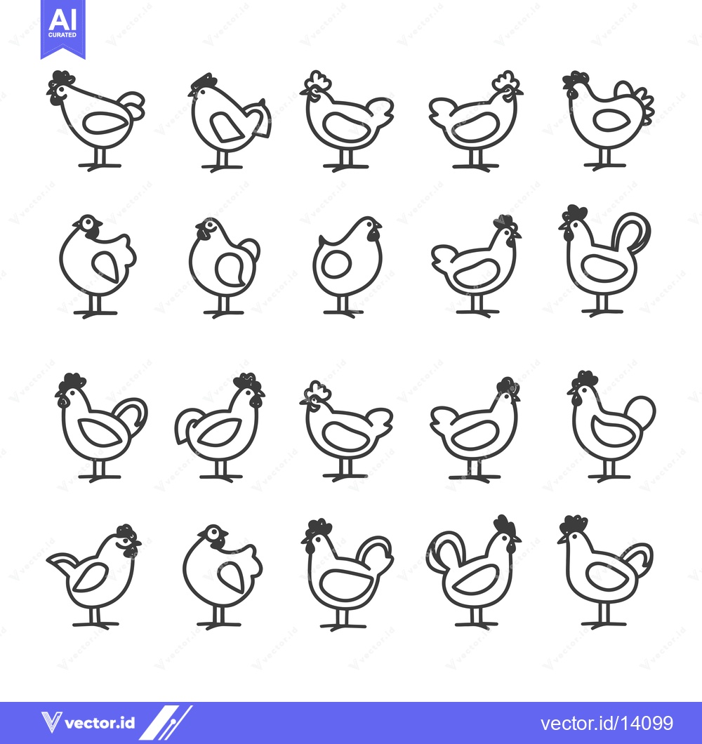 Premium Vector dari A Collection of Twenty Line Drawings of Chickens in Different Poses