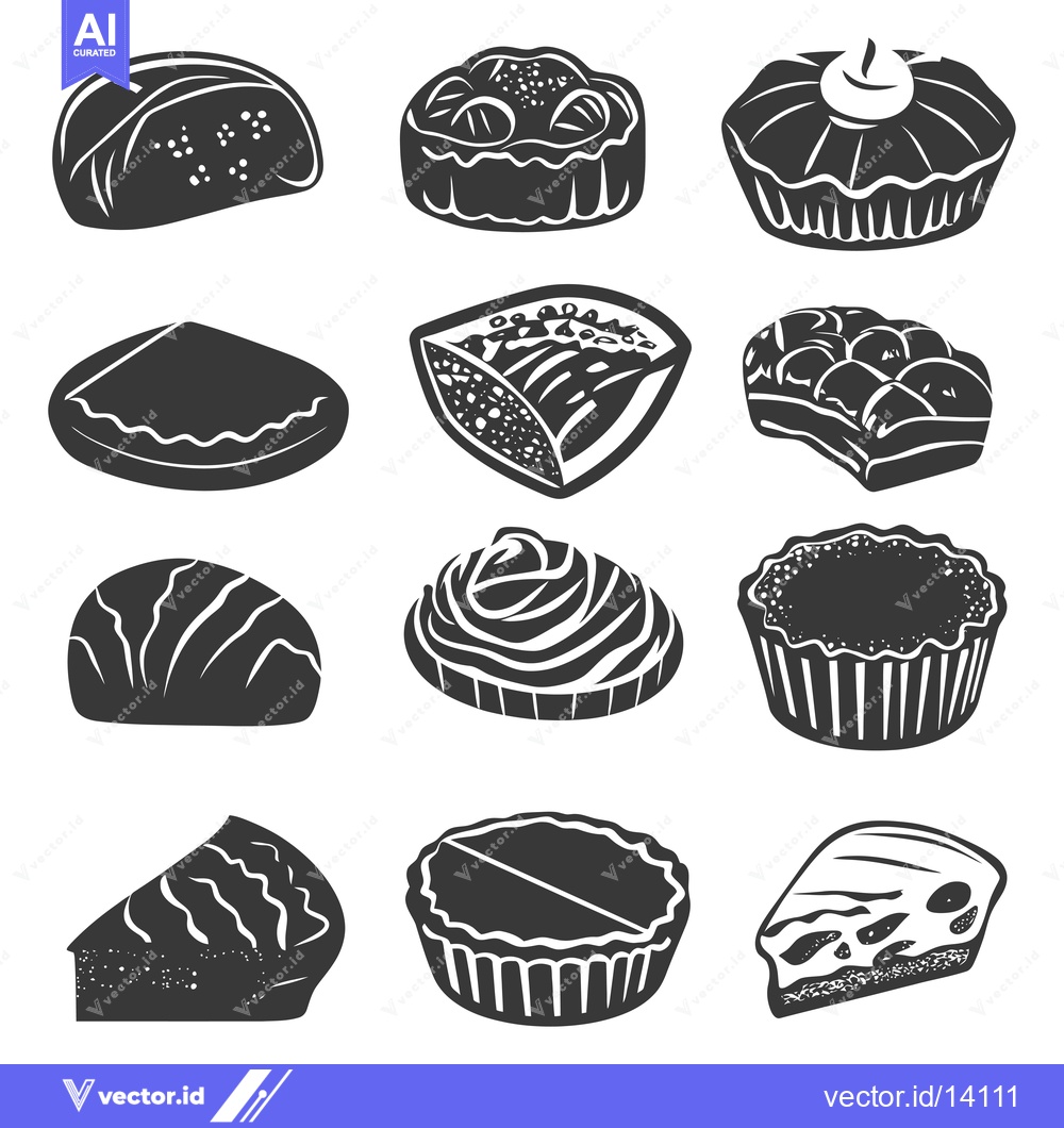 Premium Vector of A Collection of Various Black and White Silhouettes of Pies and Tarts