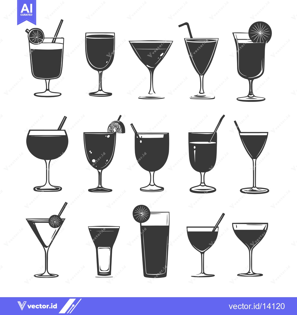 Premium Vector of A Collection of Various Cocktail Glasses with Garnishes and Straws