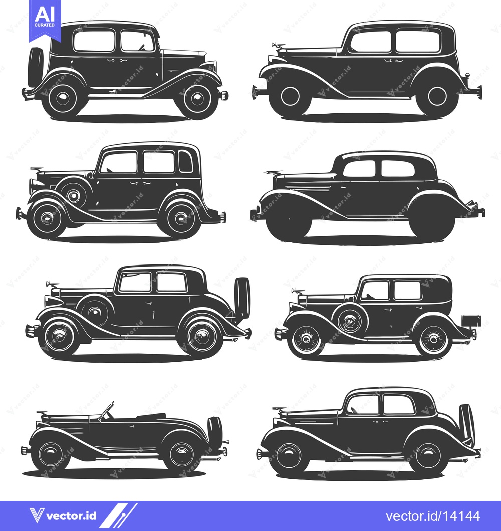 Premium Vector dari A collection of vintage automobiles, depicted in monochrome silhouette