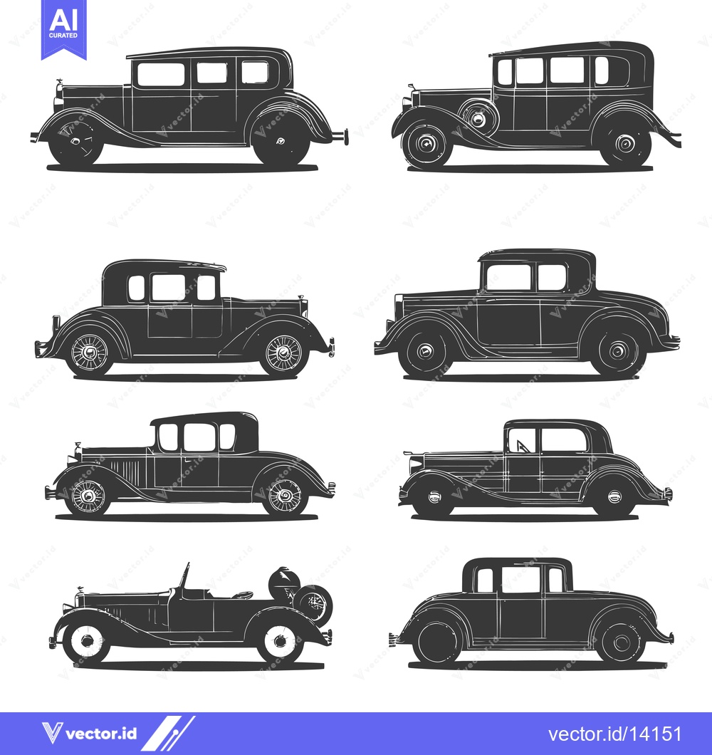 Premium Vector dari A Collection of Vintage Cars in Black and White Silhouettes