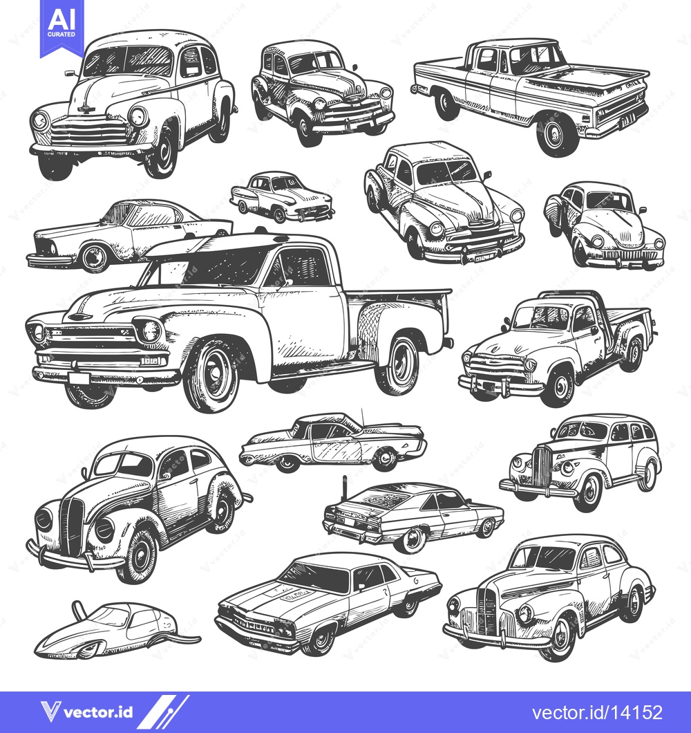 Premium Vector dari A Collection of Vintage Car Sketches in Various Styles