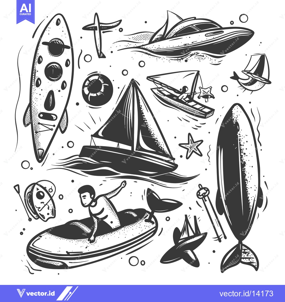Premium Vector of A Collection of Water Sports and Vehicles on a White Background