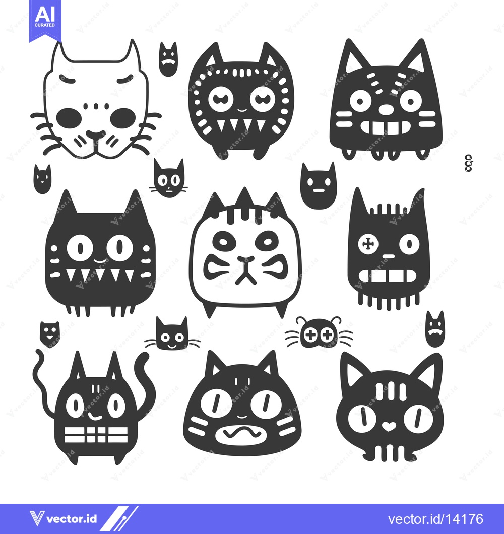 Premium Vector of A Collection of Whimsical Black and White Cats with Various Expression