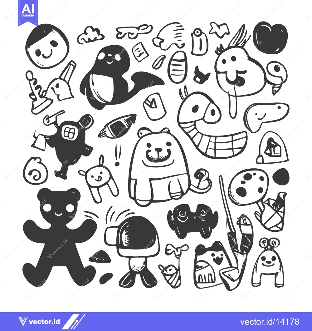 Premium Vector of A Collection of Whimsical Hand-Drawn Creatures and Objects