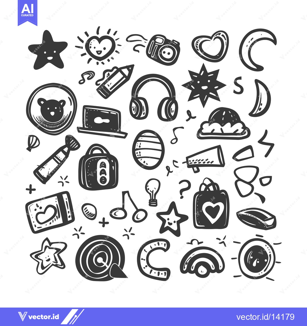 Premium Vector dari A Collection of Whimsical Hand-Drawn Doodles Featuring Stars, Hearts,