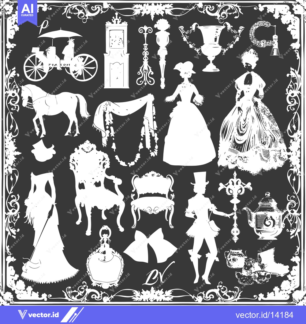 Premium Vector dari A Collection of White Silhouettes of Rococo Era Objects and Figures on