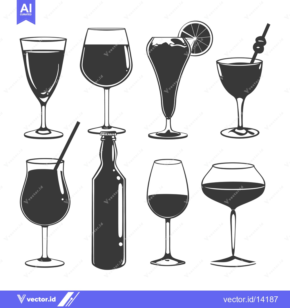 Premium Vector of A Collection of Wine Glasses, Cocktails, and a Bottle