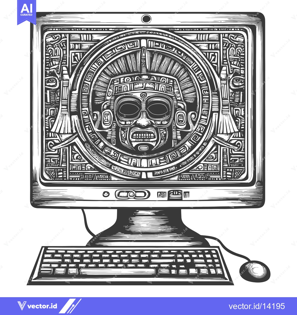 Premium Vector dari A computer screen displaying an Aztec mask within a decorative frame