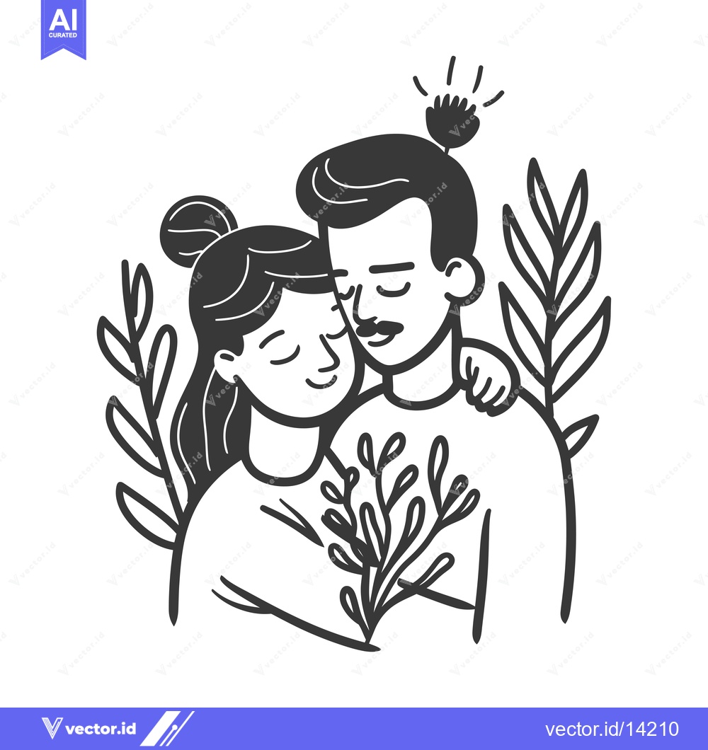 Premium Vector of A Couple Embracing with Flowers and Leaves Surrounding Them